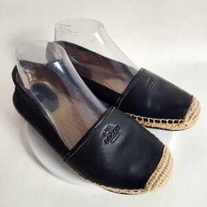 Coach Black Leather Espadrille Flats with Natural Jute Toe